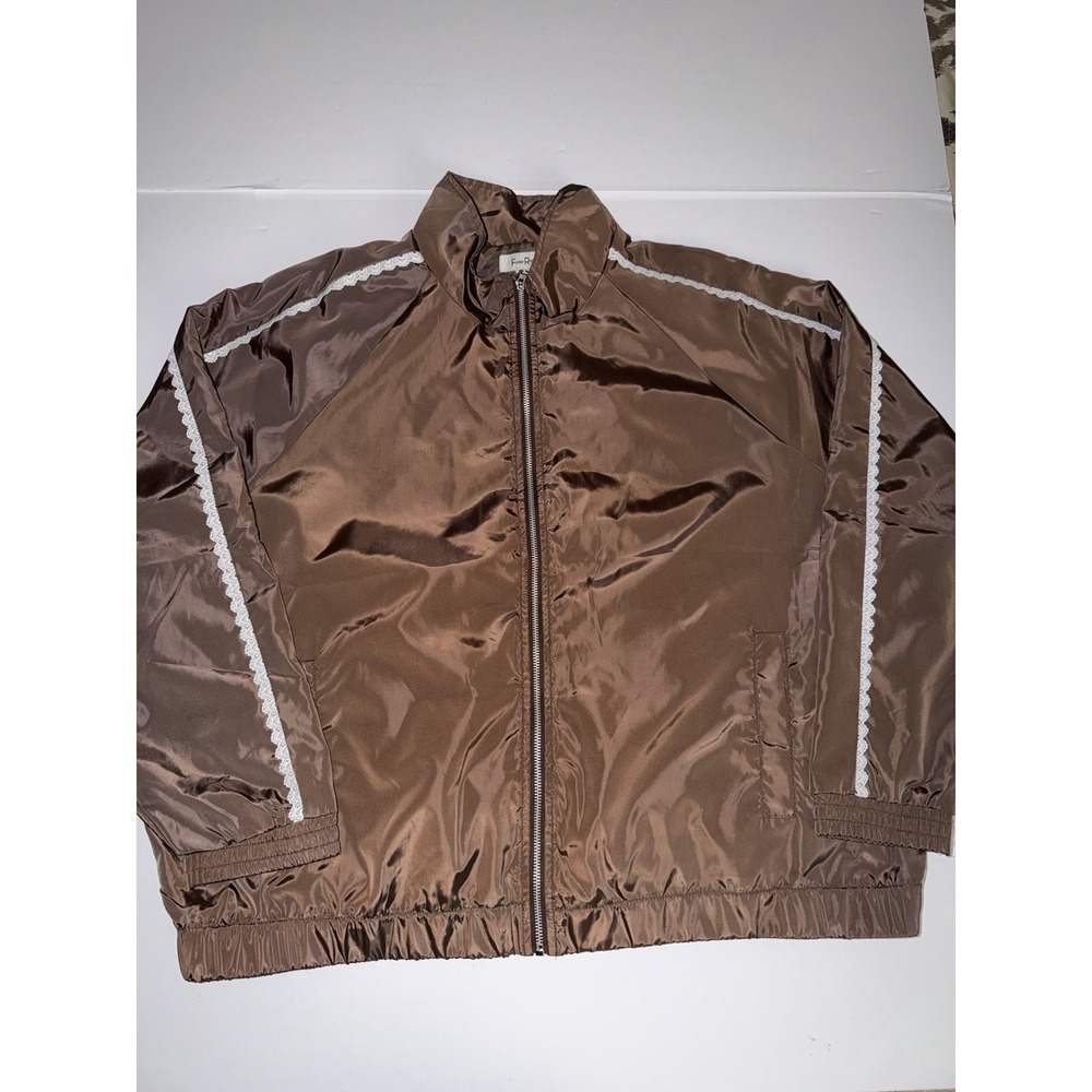 Faded Rose Women 3X Brown Windbreaker Jacket White Crochet Rain Zip Spring NWT